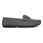A gray loafer with textured stitching and a decorative strap across the top, viewed from the side.