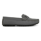 A gray loafer with textured stitching and a decorative strap across the top, viewed from the side.