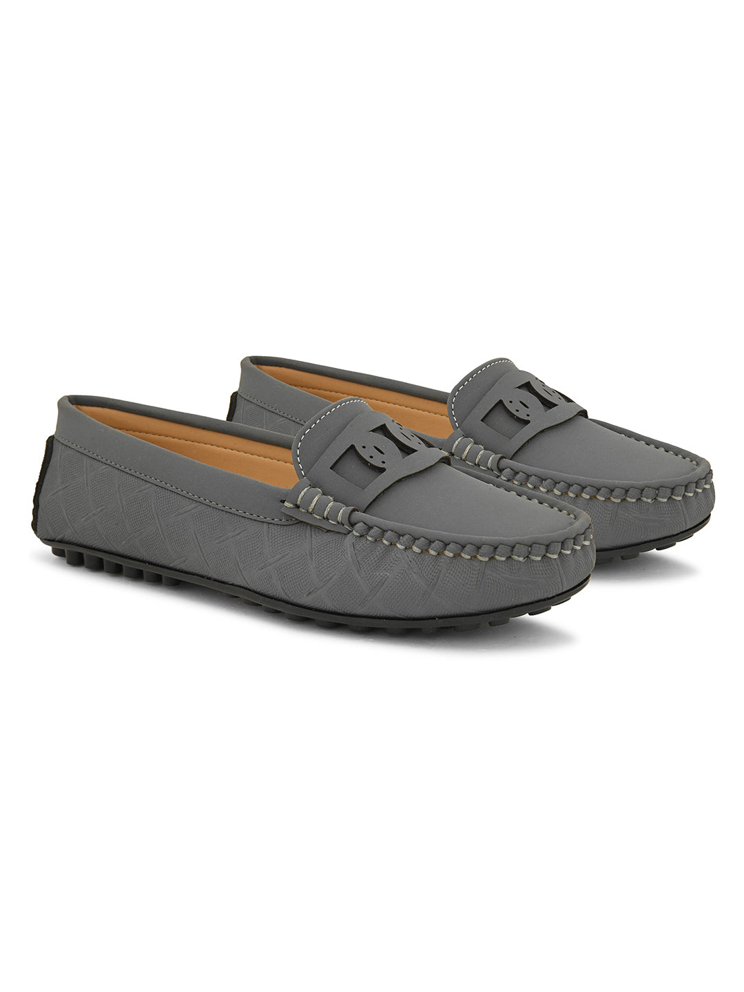 A gray loafer for women with textured stitching and a decorative strap across the top, viewed from the side.