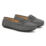 A gray loafer for women with textured stitching and a decorative strap across the top, viewed from the side.