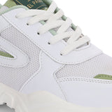 A green tennis shoe with a sleek design and lightweight construction, suitable for athletic activities.