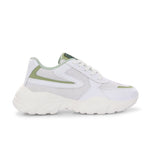 A green tennis shoe with a sleek design and lightweight construction, suitable for athletic activities.