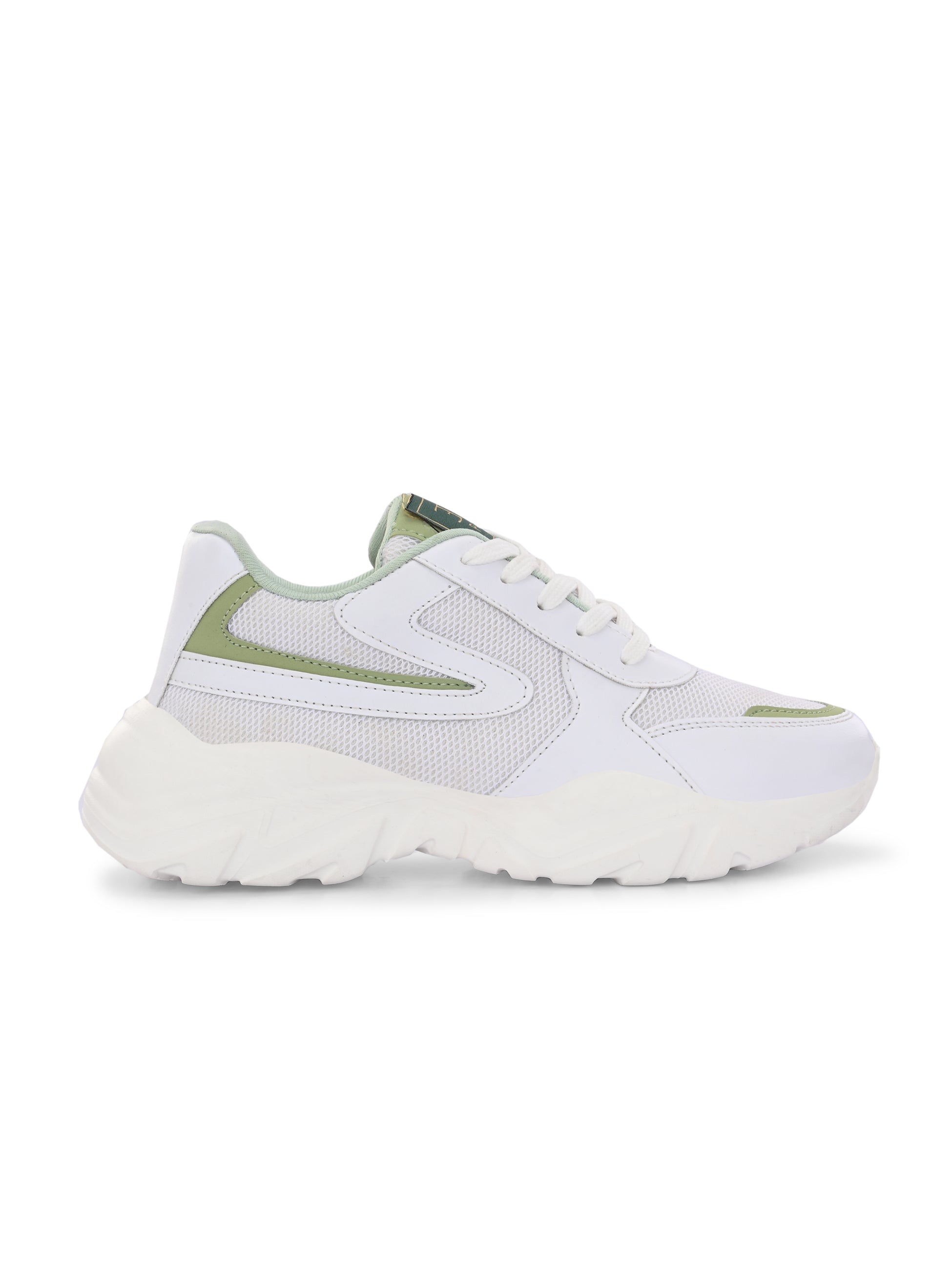 A green tennis shoe with a sleek design and lightweight construction, suitable for athletic activities.