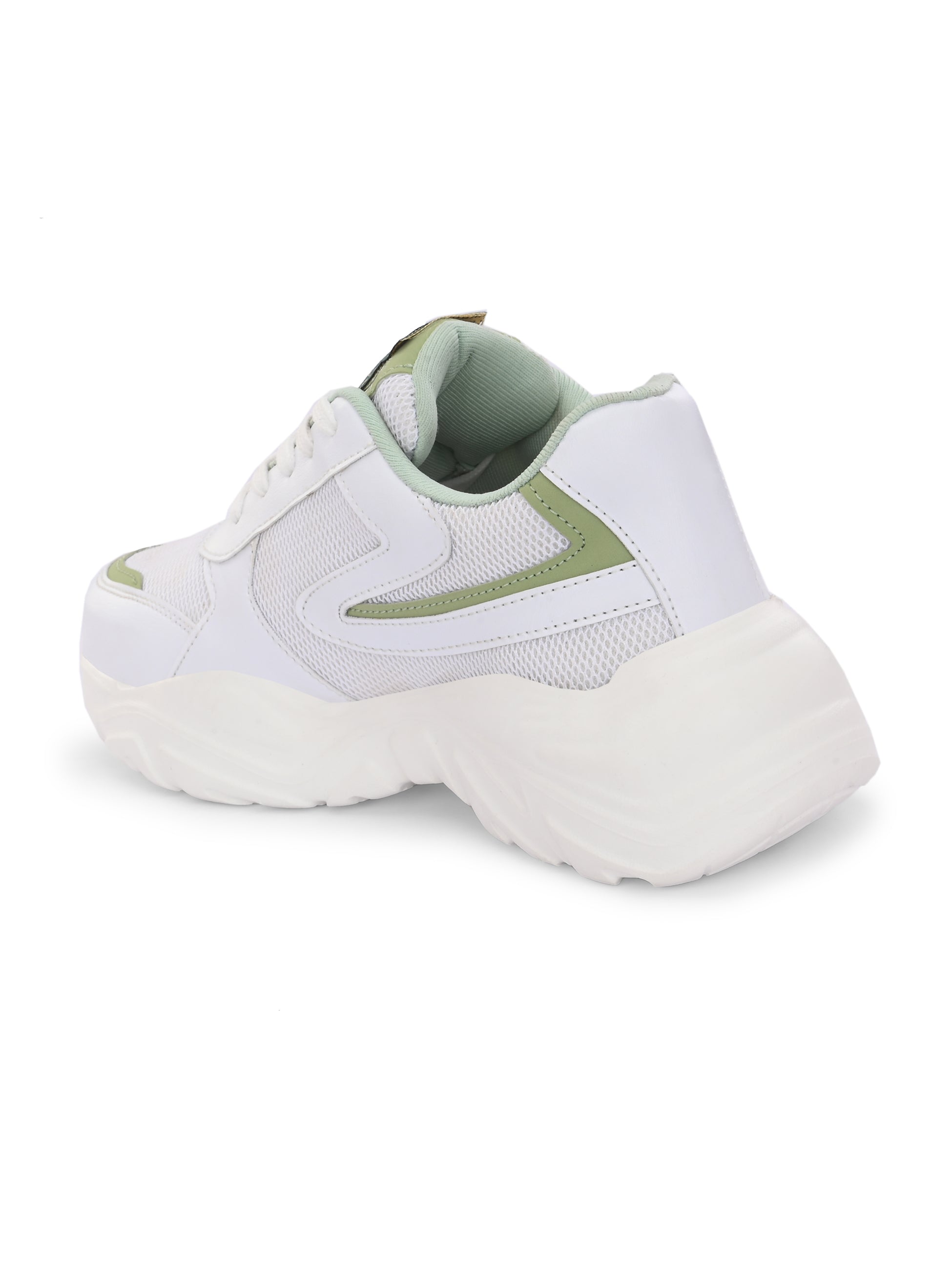 A green tennis shoe with a sleek design and lightweight construction, suitable for athletic activities.