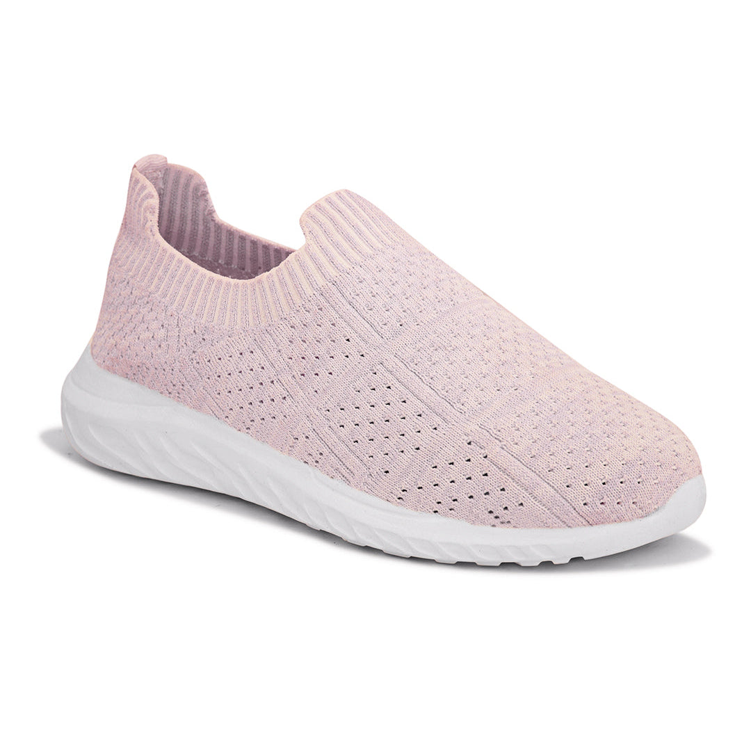 Light pink slip-on sneaker with a breathable knitted upper, perforated design for ventilation, and a cushioned white sole for comfort and flexibility.