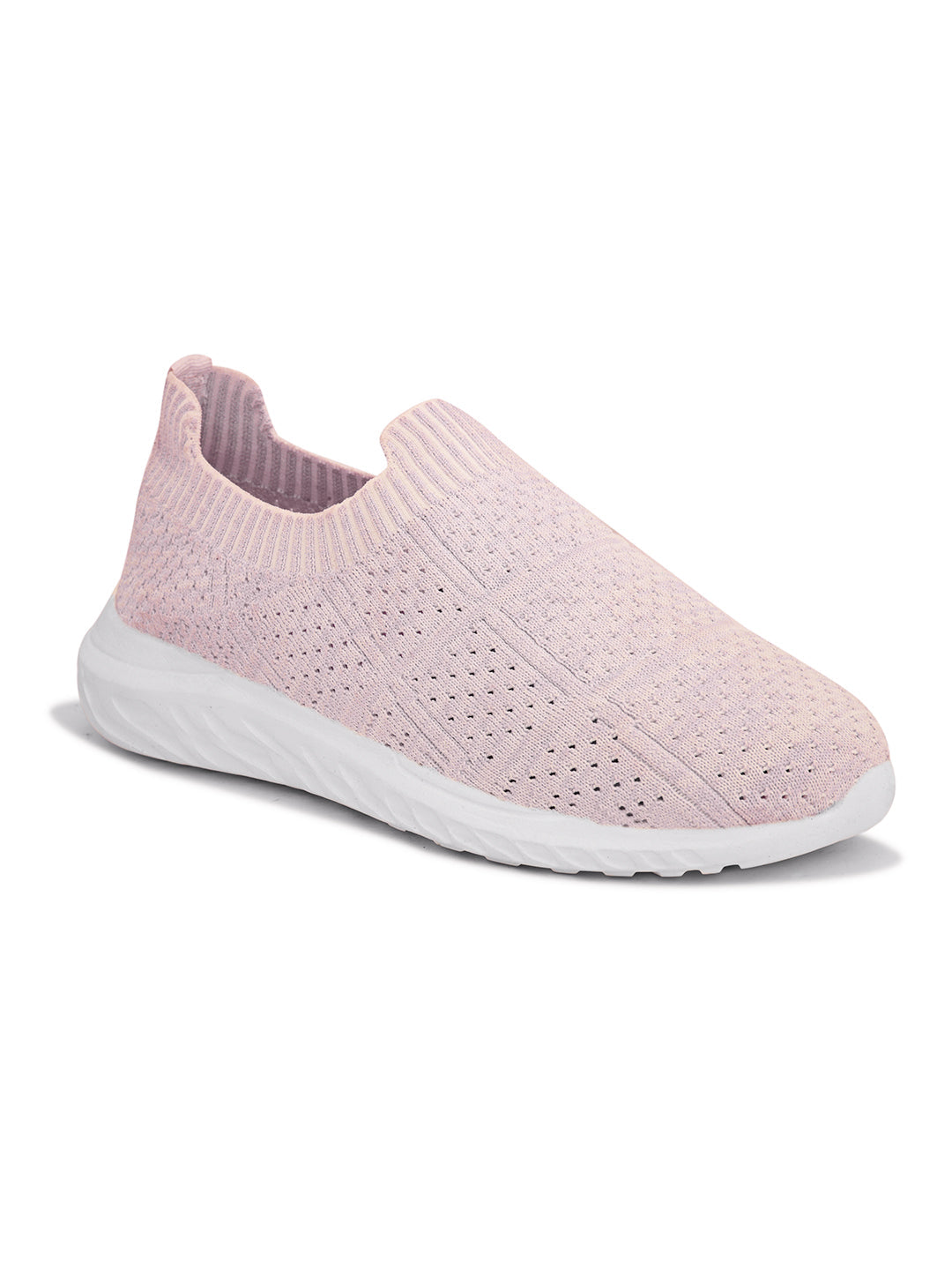 Light pink slip-on sneaker with a breathable knitted upper, perforated design for ventilation, and a cushioned white sole for comfort and flexibility.