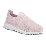 Light pink slip-on sneaker with a breathable knitted upper, perforated design for ventilation, and a cushioned white sole for comfort and flexibility.