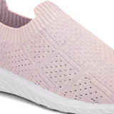 Light pink slip-on sneaker with a breathable knitted upper, perforated design for ventilation, and a cushioned white sole for comfort and flexibility.