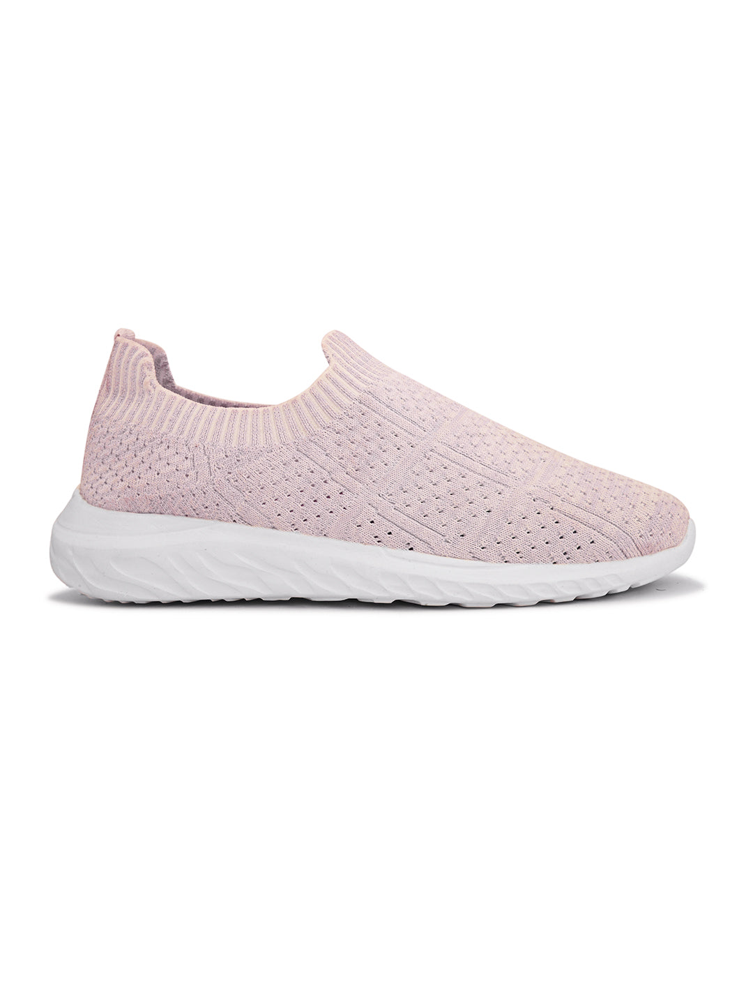 Light pink slip-on sneaker with a breathable knitted upper, perforated design for ventilation, and a cushioned white sole for comfort and flexibility.