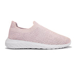 Light pink slip-on sneaker with a breathable knitted upper, perforated design for ventilation, and a cushioned white sole for comfort and flexibility.