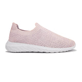 Light pink slip-on sneaker with a breathable knitted upper, perforated design for ventilation, and a cushioned white sole for comfort and flexibility.