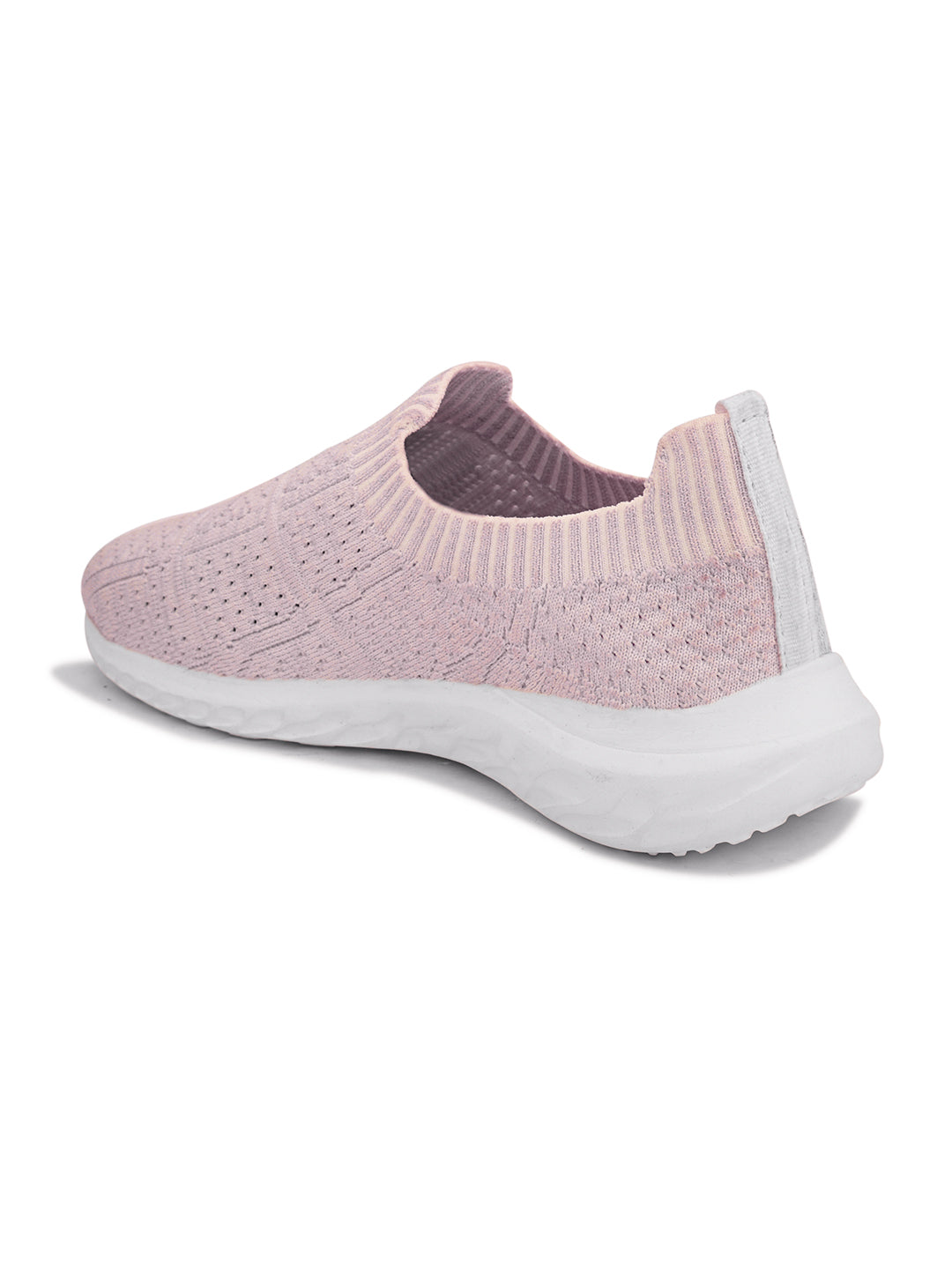 Light pink slip-on sneaker with a breathable knitted upper, perforated design for ventilation, and a cushioned white sole for comfort and flexibility.