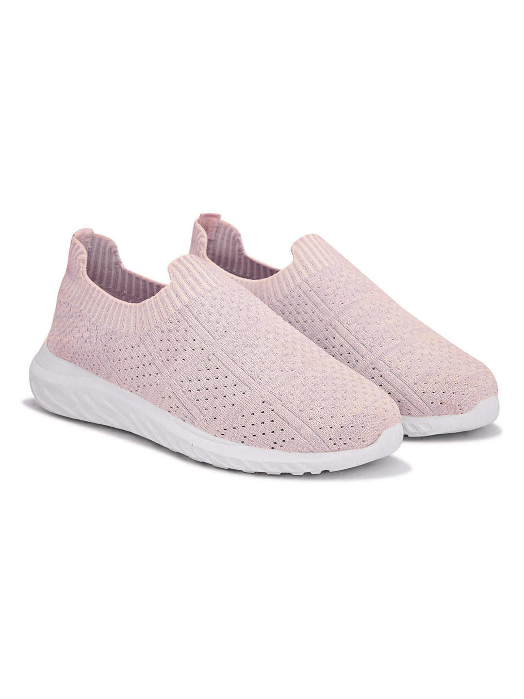 Light pink Slip-On Lightweight Women Shoes with a breathable knitted upper, perforated design for ventilation, and a cushioned white sole for comfort and flexibility.