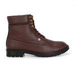 Brown lace-up ankle boots with a textured leather finish, padded collar, metal eyelets, and a rugged sole design.