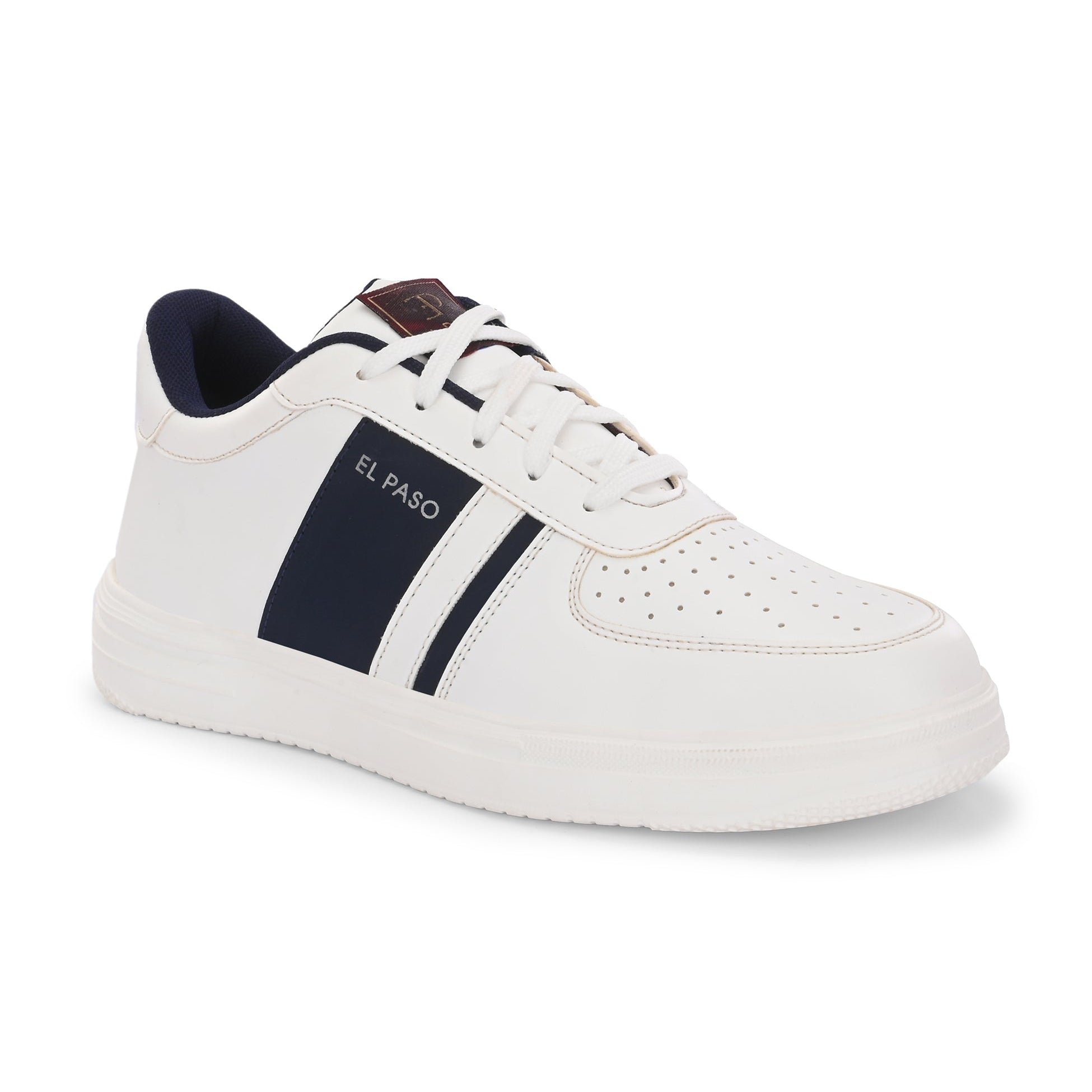 Men's Leather Casual Lace-Up Sneaker: White with navy blue stripe, perforated toe detail, and lightweight rubber sole.