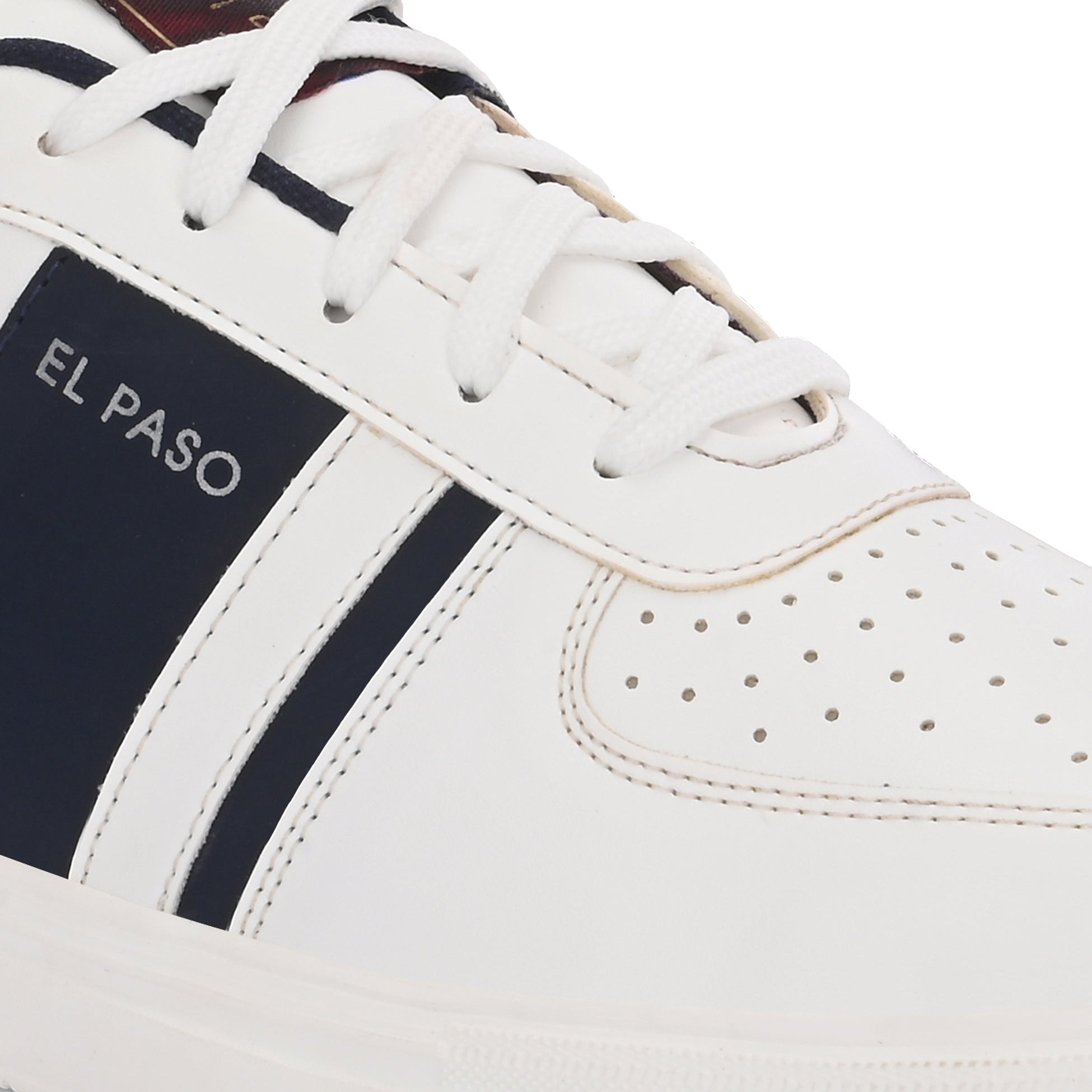White lace-up sneakers featuring a navy blue stripe detail on the sides, perforated detailing on the toe, and a lightweight rubber sole.