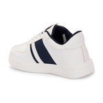 White lace-up sneakers featuring a navy blue stripe detail on the sides, perforated detailing on the toe, and a lightweight rubber sole.