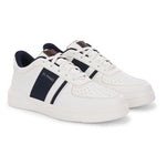 Men's Leather Casual Lace-Up Sneaker in white with navy blue stripe, perforated toe detail, and lightweight rubber sole.