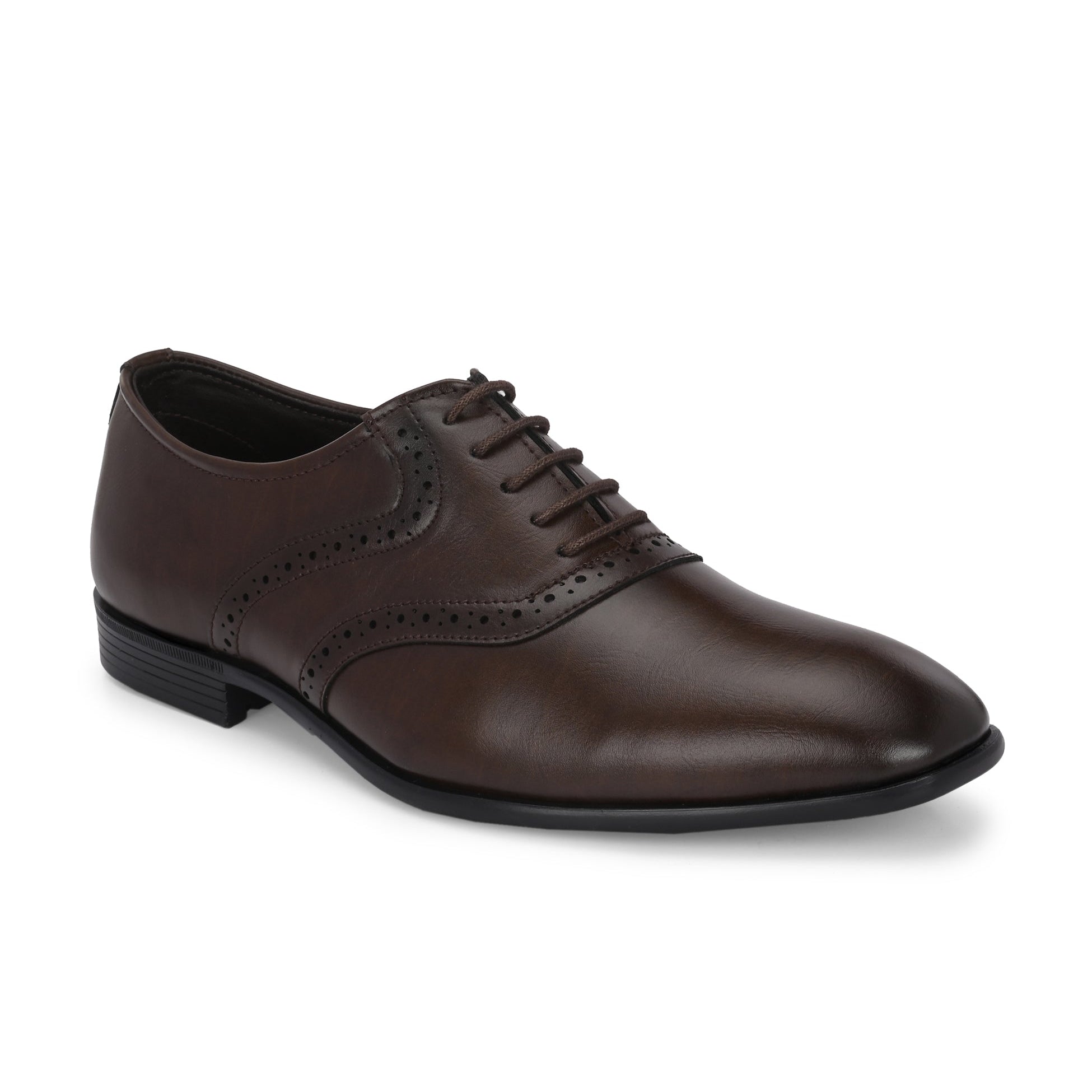 Men's brown faux leather oxford shoe with perforated brogue detailing, lace-up closure, and a low stacked heel.