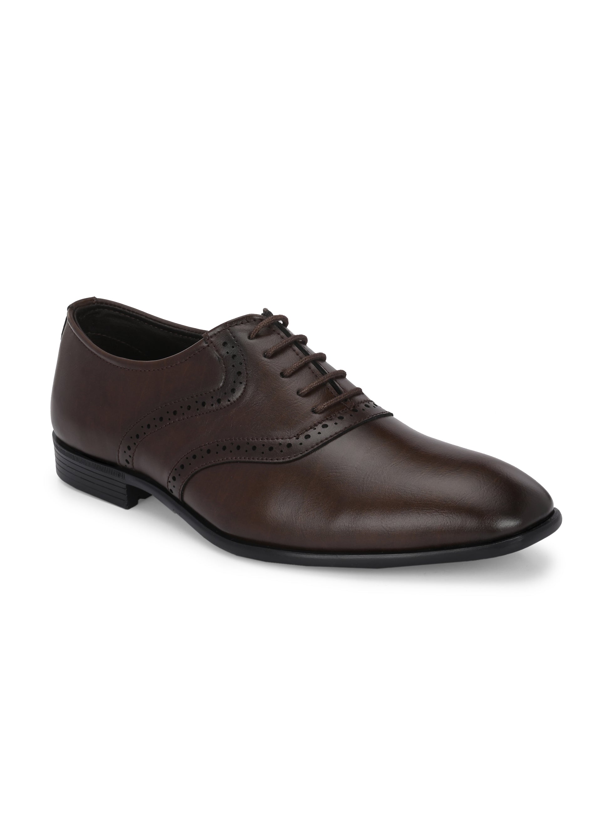 Men's brown faux leather oxford shoe with perforated brogue detailing, lace-up closure, and a low stacked heel.
