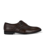 Men's brown faux leather oxford shoe with perforated brogue detailing, lace-up closure, and a low stacked heel.