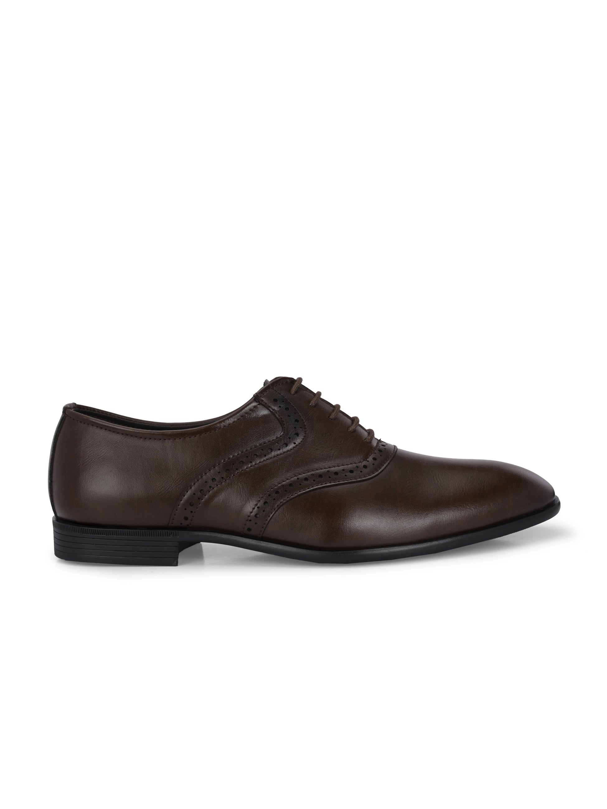 Men's brown faux leather oxford shoe with perforated brogue detailing, lace-up closure, and a low stacked heel.