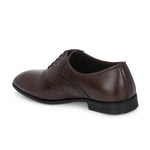 Men's brown faux leather oxford shoe with perforated brogue detailing, lace-up closure, and a low stacked heel.