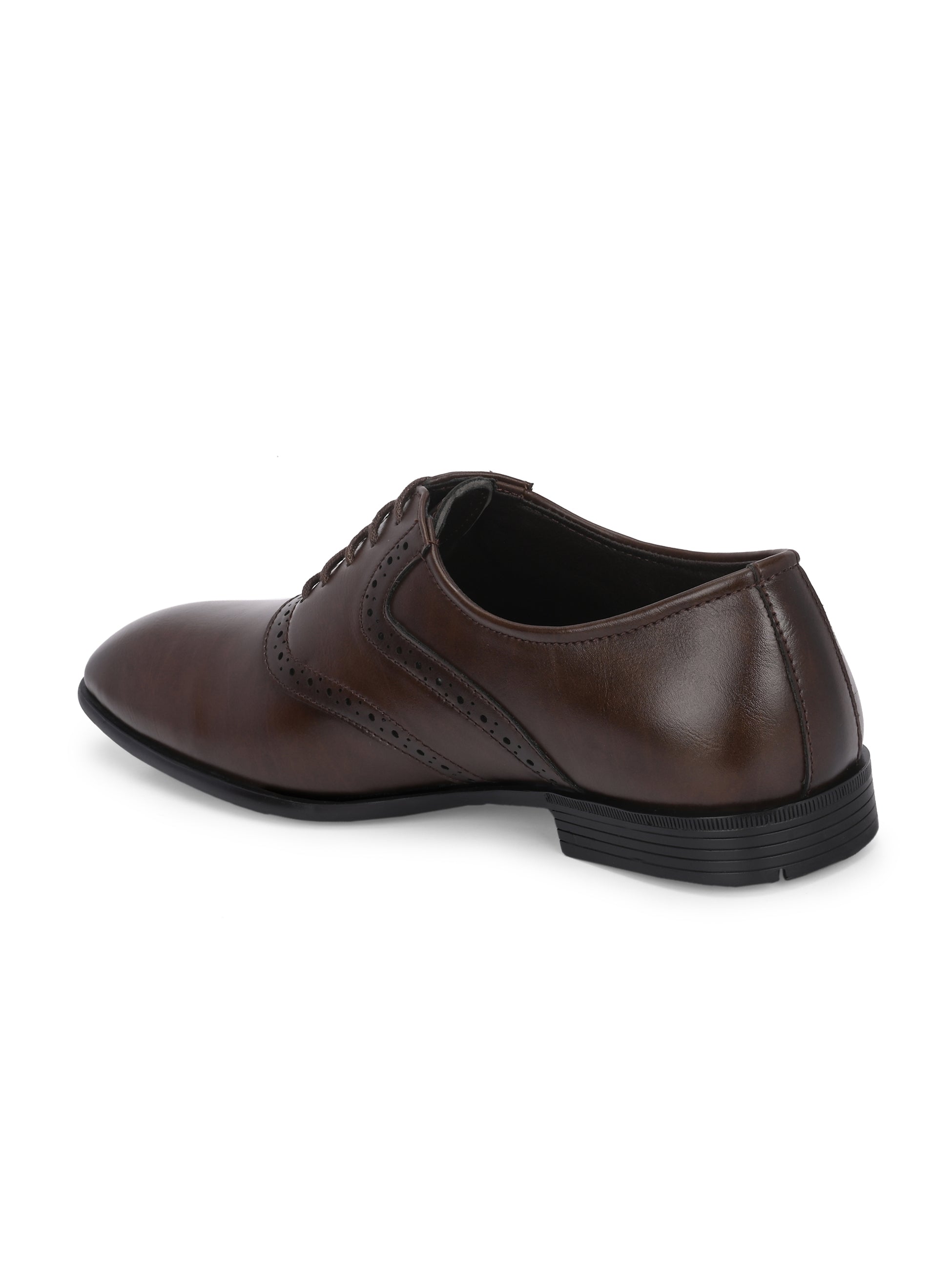 Men's brown faux leather oxford shoe with perforated brogue detailing, lace-up closure, and a low stacked heel.