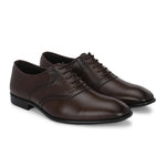 Men Leather Formal Brogue in brown faux leather with perforated brogue detailing, lace-up closure, and a low stacked heel.