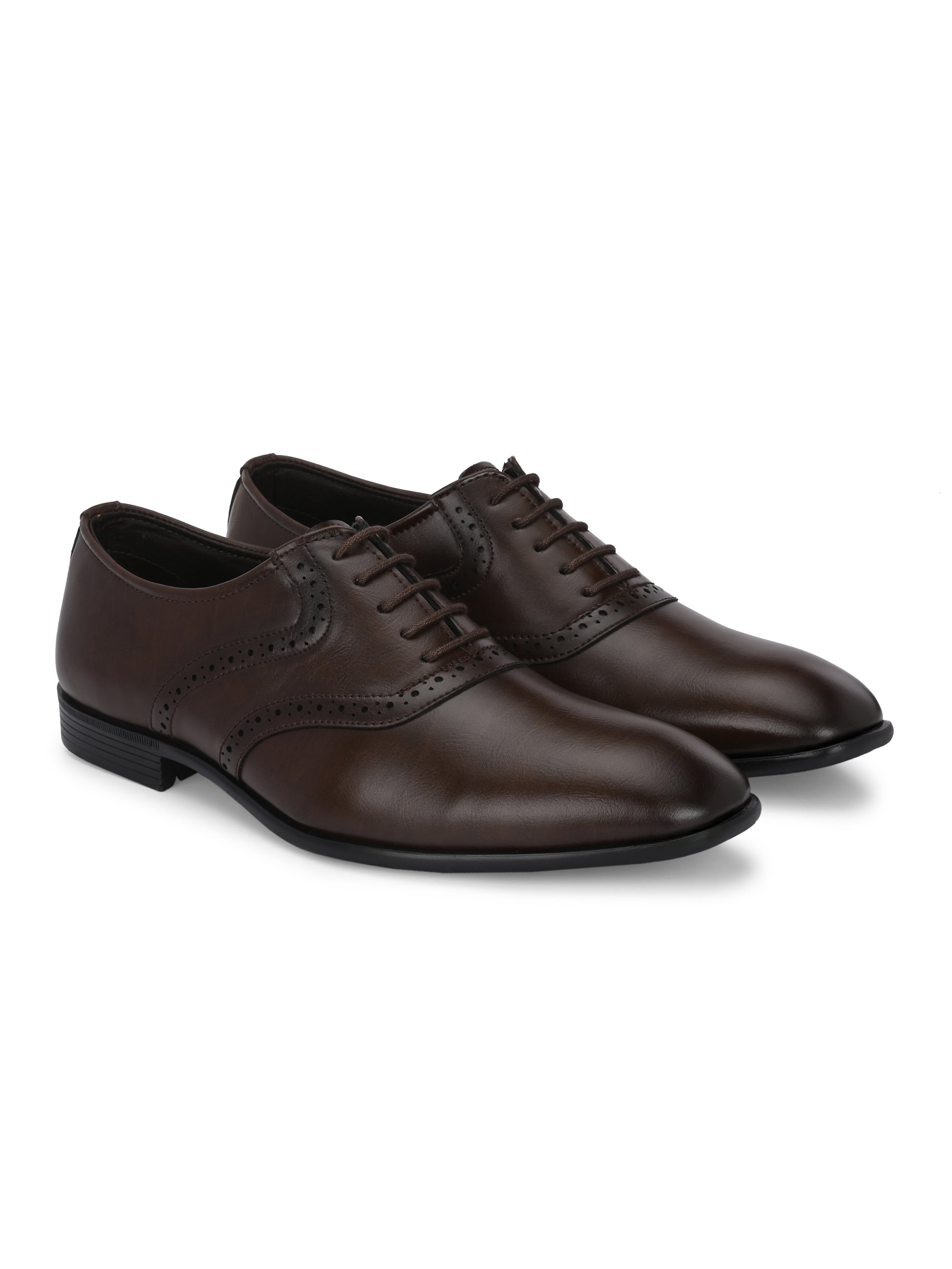 Men Leather Formal Brogue in brown faux leather with perforated brogue detailing, lace-up closure, and a low stacked heel.