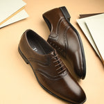 Men Leather Formal Brogue in brown faux leather with perforated brogue detailing, lace-up closure, and a low stacked heel.