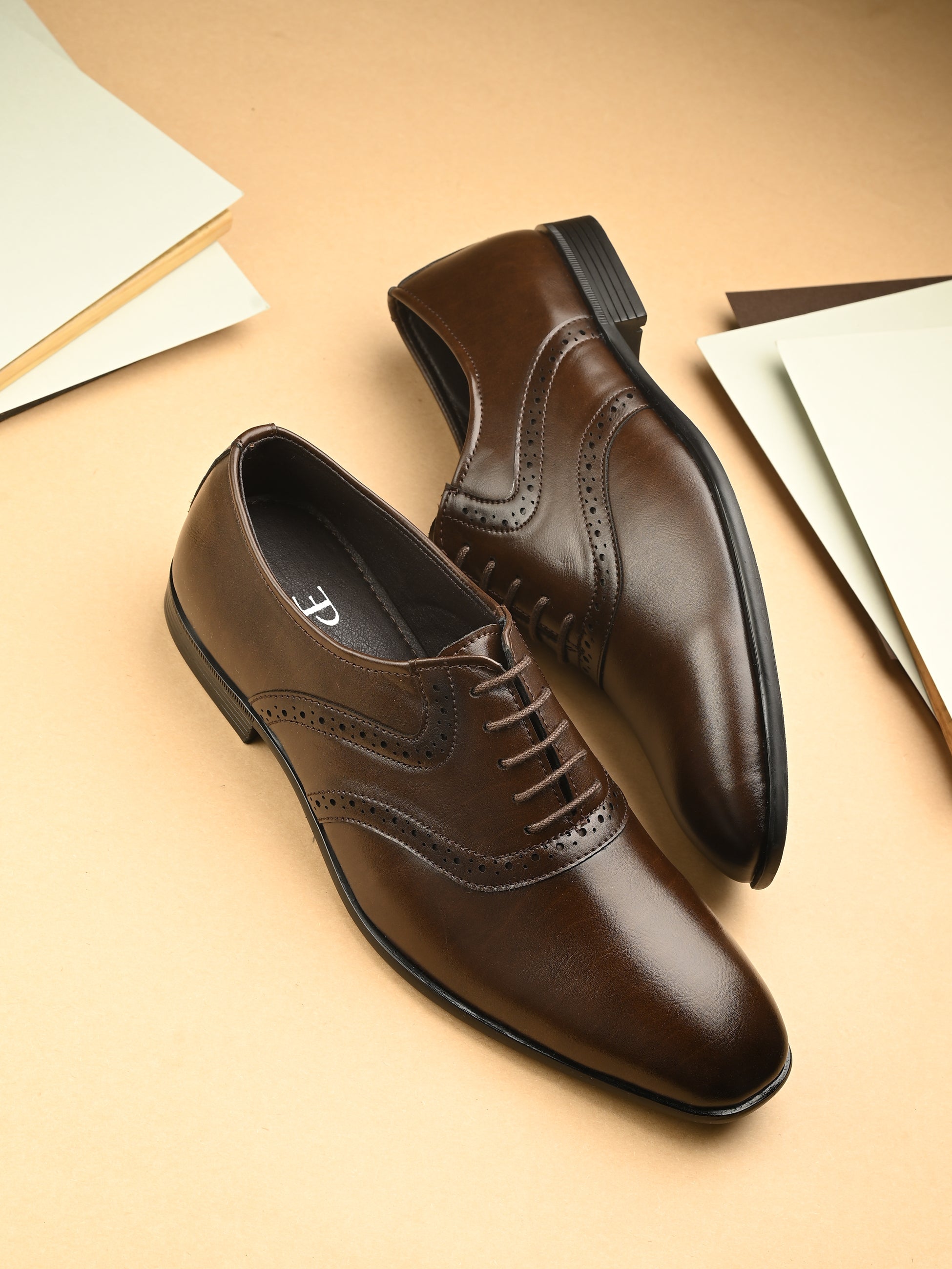 Men Leather Formal Brogue in brown faux leather with perforated brogue detailing, lace-up closure, and a low stacked heel.