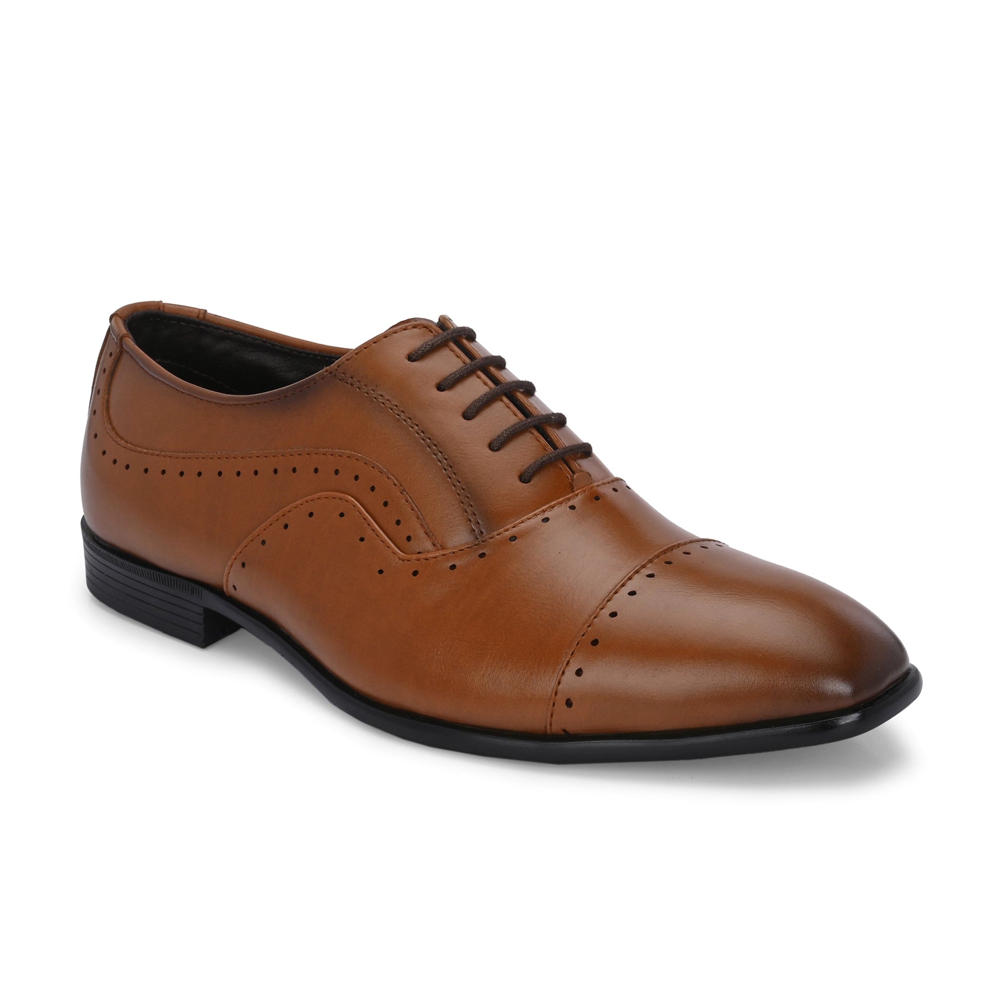Men's leather formal shoes online, brown lace-up design with perforated toe cap and sides, low black heel.