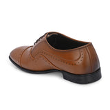  A brown leather dress shoe with a lace-up design, featuring decorative perforations along the toe cap and sides, and a low black heel.