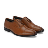 Men's leather formal shoes online, brown lace-up design with perforated toe cap and sides, low black heel.