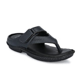 Men's Thong Slipper in navy blue leather with a padded footbed and curved strap design on a black sole.
