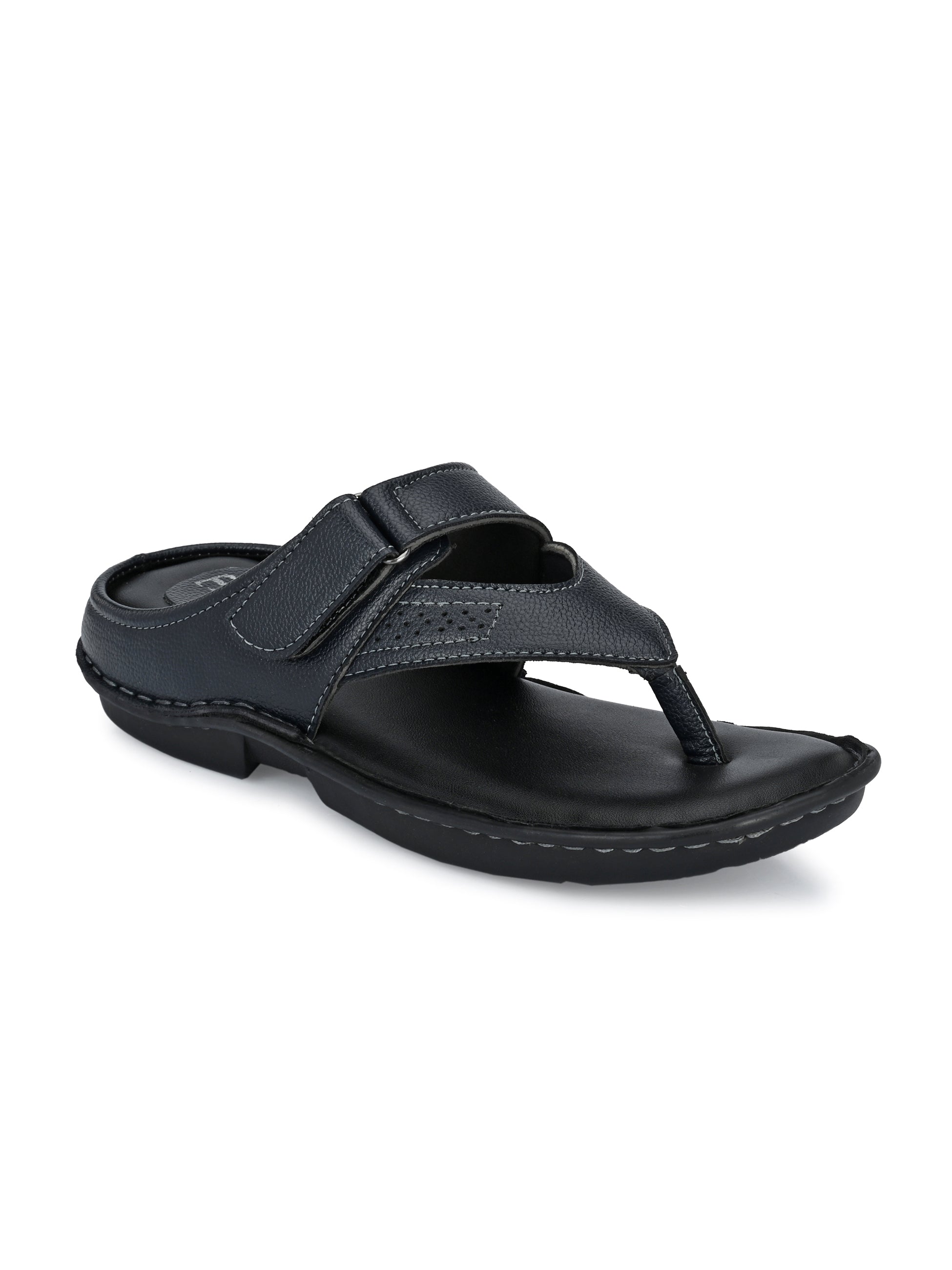 Men's Thong Slipper in navy blue leather with a padded footbed and curved strap design on a black sole.