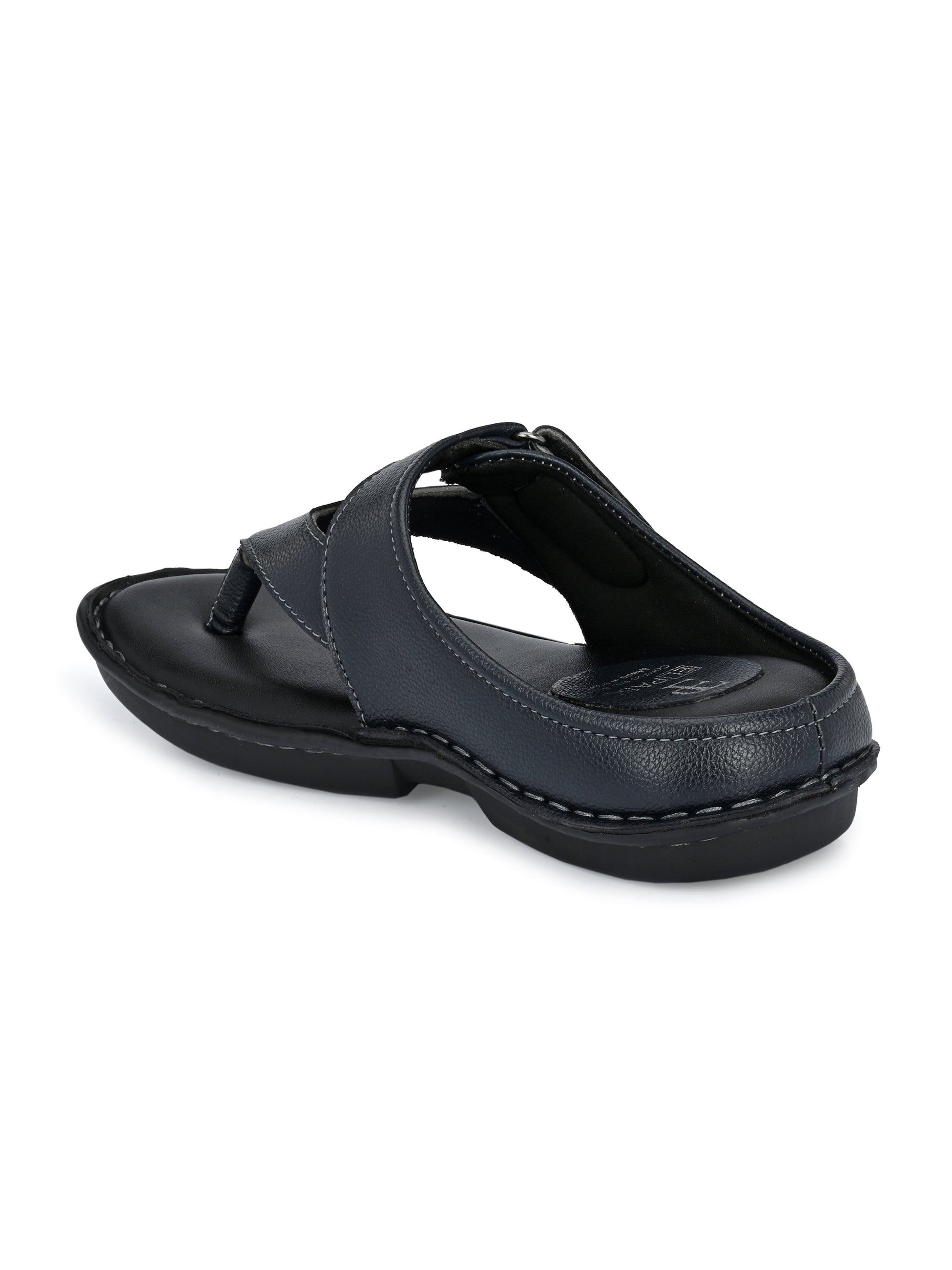 A navy blue leather sandal with a thong style and a padded footbed, featuring a curved strap design on a black sole.