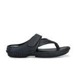 Men's Thong Slipper in navy blue leather with a padded footbed and curved strap design on a black sole.