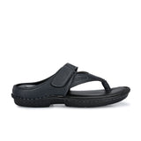 Men's Thong Slipper in navy blue leather with a padded footbed and curved strap design on a black sole.