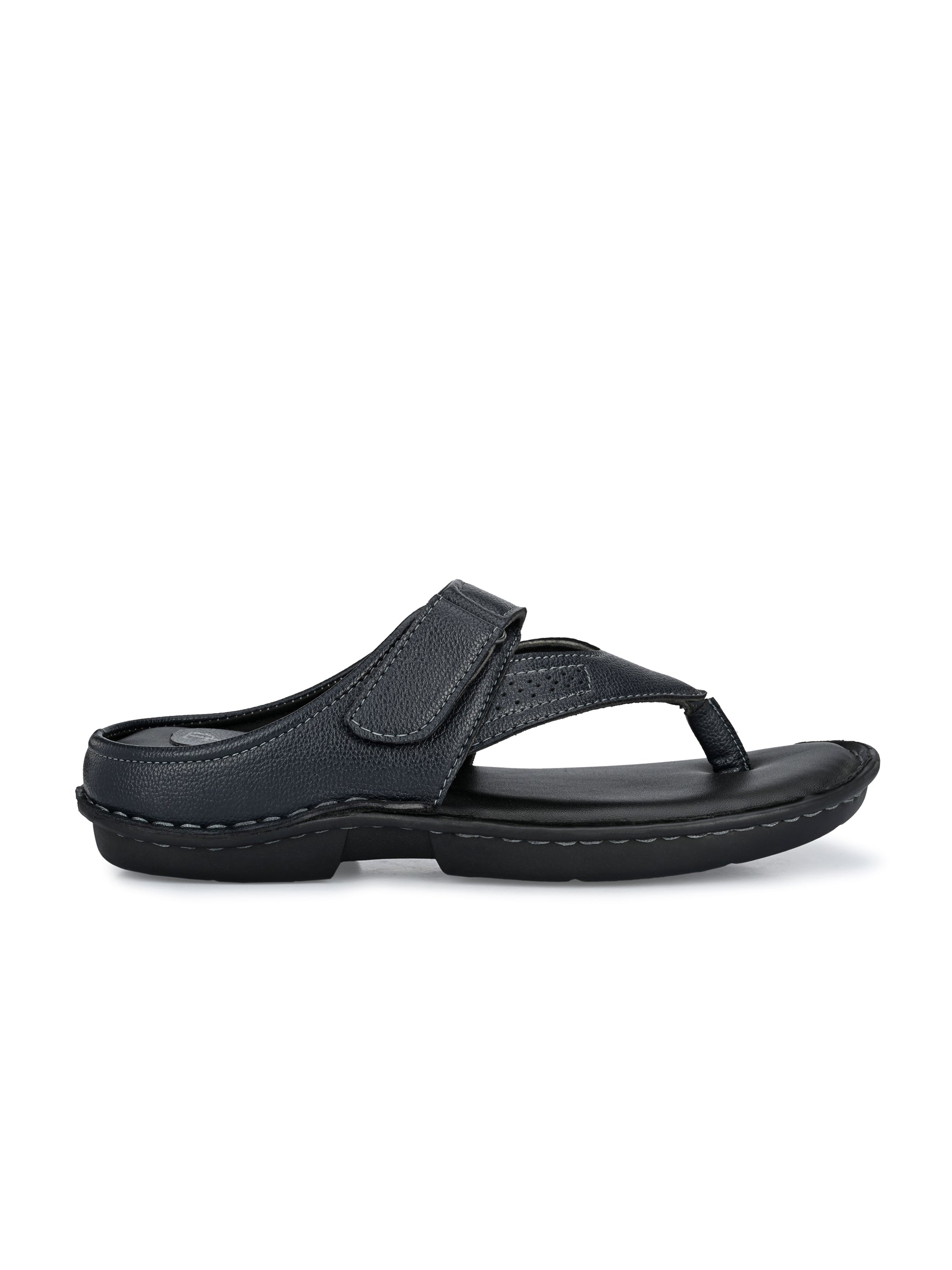 Men's Thong Slipper in navy blue leather with a padded footbed and curved strap design on a black sole.
