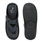 Men's Thong Slipper in navy blue leather with a padded footbed and curved strap design on a black sole.