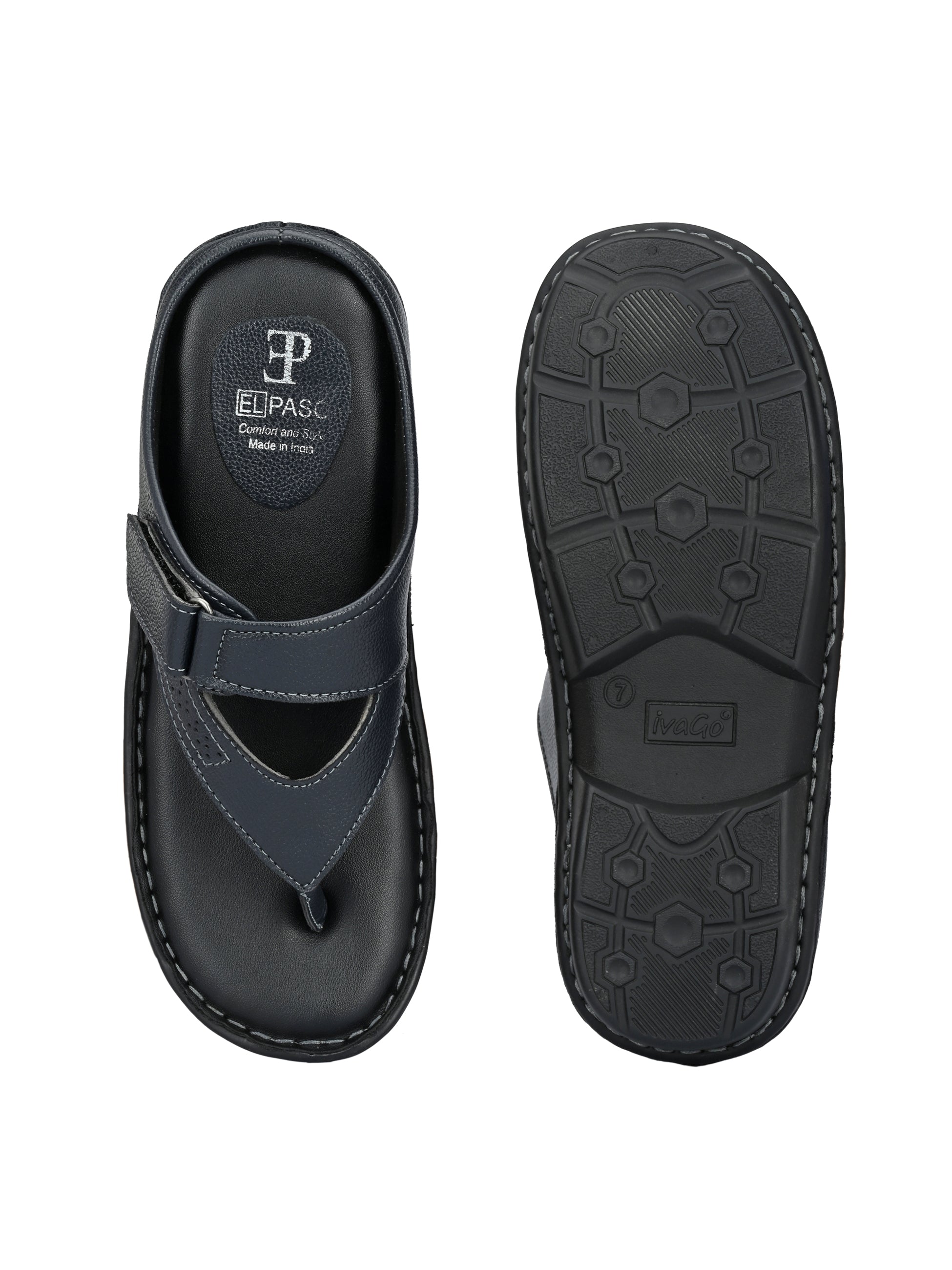 Men's Thong Slipper in navy blue leather with a padded footbed and curved strap design on a black sole.