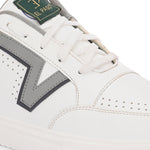 White leather sneakers featuring black and grey detailing, showcasing a modern and stylish design suitable for casual wear.