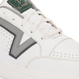 White leather sneakers featuring black and grey detailing, showcasing a modern and stylish design suitable for casual wear.