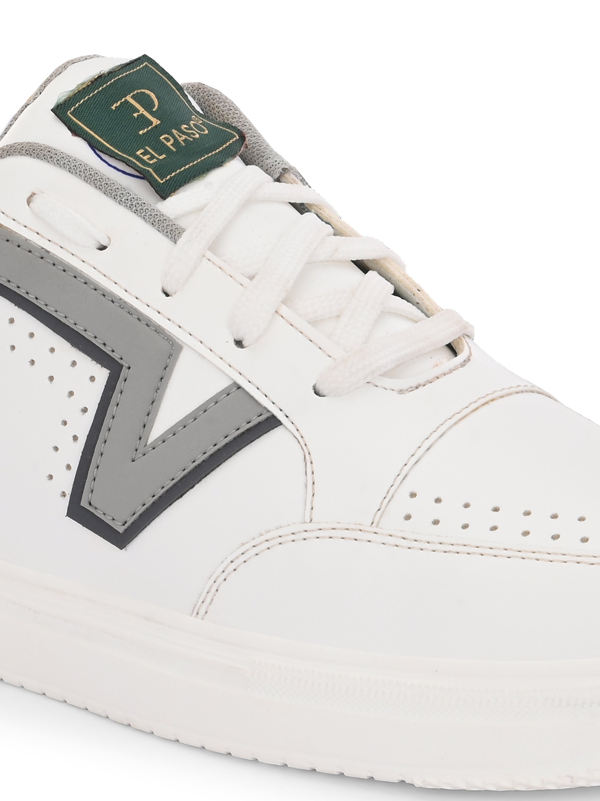 White leather sneakers featuring black and grey detailing, showcasing a modern and stylish design suitable for casual wear.