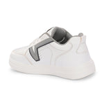 White leather sneakers featuring black and grey detailing, showcasing a modern and stylish design suitable for casual wear.
