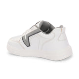 White leather sneakers featuring black and grey detailing, showcasing a modern and stylish design suitable for casual wear.