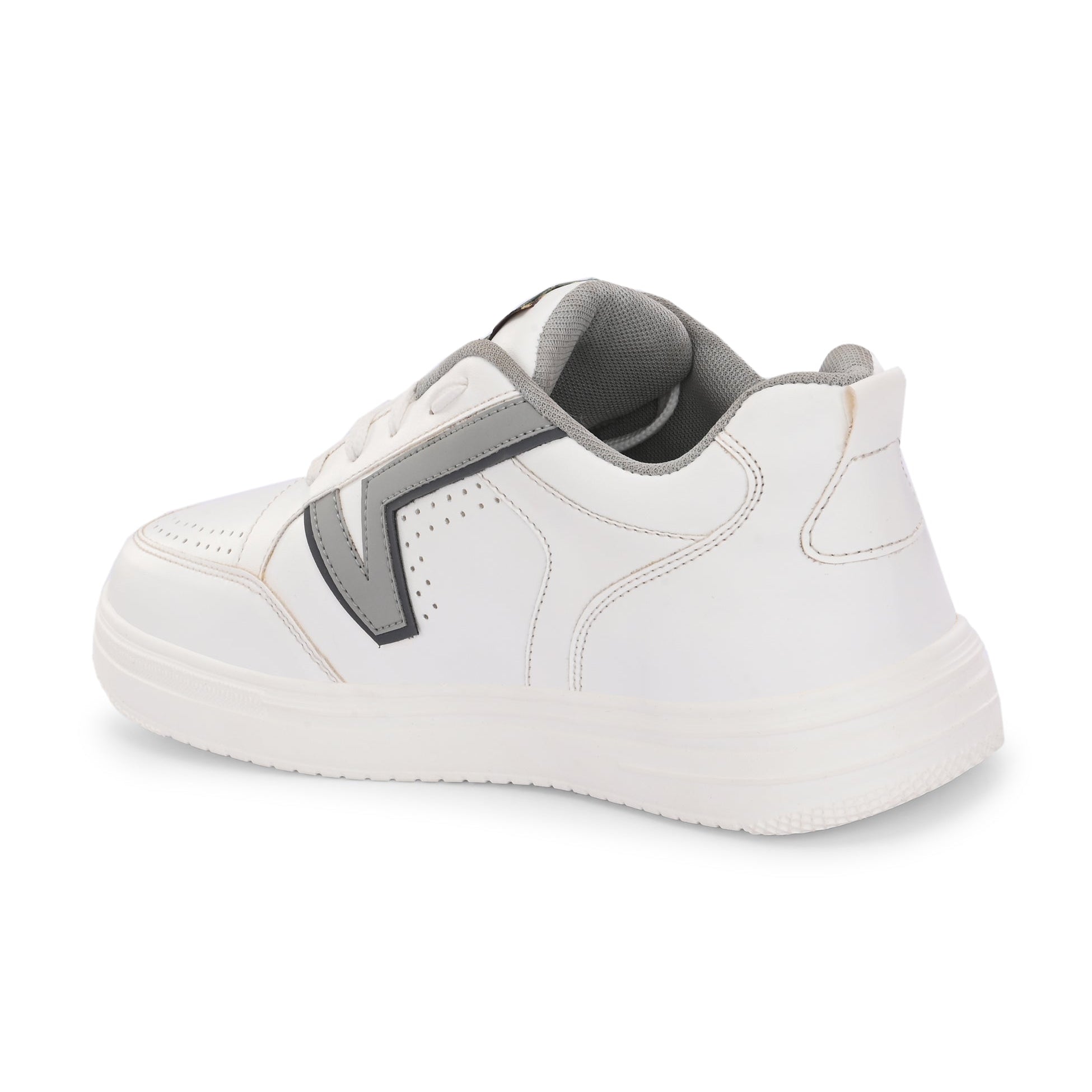 White leather sneakers featuring black and grey detailing, showcasing a modern and stylish design suitable for casual wear.