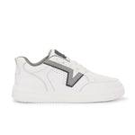 White leather sneakers featuring black and grey detailing, showcasing a modern and stylish design suitable for casual wear.